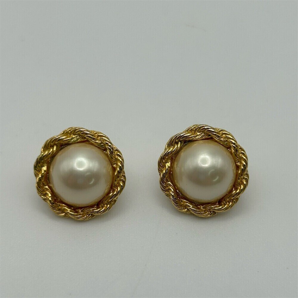 Vintage Trifari Womens Faux Pearl Rope Twist Gold Tone Button Stud Earrings - Picture 3 of 9